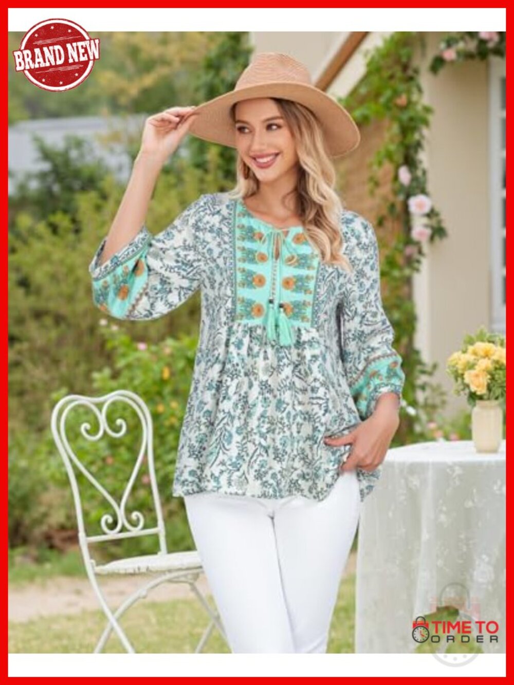 Boho Babydoll Peplum Tunic 3/4 Lantern Sleeve V-Neck Tie Front Floral Blouse - Picture 4 of 6